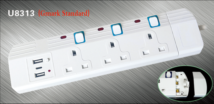 3 GANG UK TYPE EXTENSION SOCKET WITH INDEPENDENT SWITCH AND INDICATOR LIGHT WITH USB PORT AND TYPE C PORT CE ROHS MODEL NO U8313插图