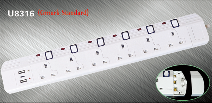 6 GANG UK TYPE EXTENSION SOCKET WITH INDEPENDENT SWITCH AND INDICATOR LIGHT WITH USB PORT AND TYPE C PORT CE ROHS MODEL NO U8316插图