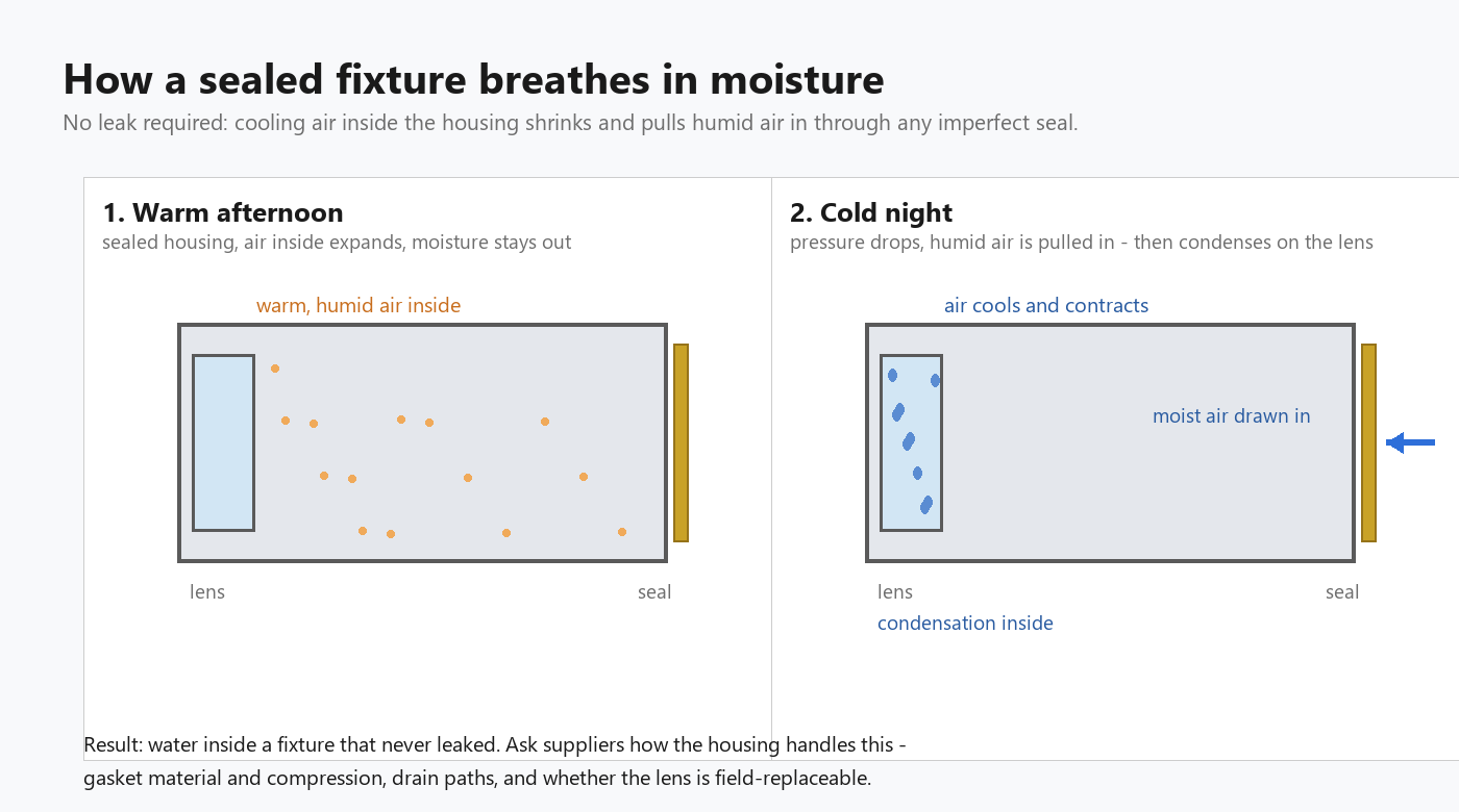 Diagram of how a sealed outdoor fixture breathes in moisture